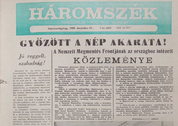 A H�romsz�k (f�ggetlen napilap) els� sz�m�nak c�mlapja
