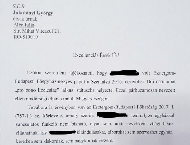 Erd� P�ter b�boros t�j�koztat� lev�lr�szlete Jakubinyi �rseknek. K�zli: V�lasz Online. <br />
