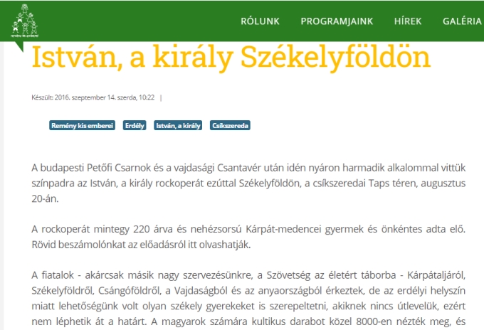 A Sz�kelyf�ldi turn� bejelent�se. K�perny�ment�s a Rem�ny Kis Emberei honlapr�l.